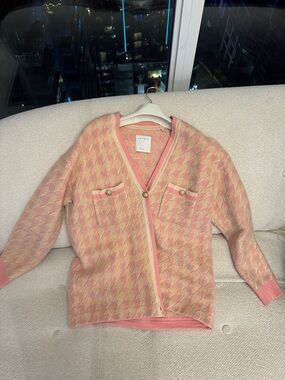 Women's Pink Patterned V-Neck Cardigan with Pocket Detail